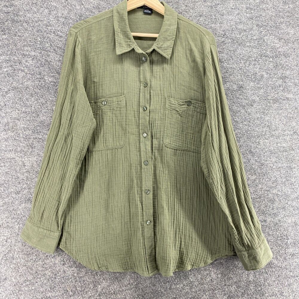 Social Standard Shirt Women L Large Gray Button Up Long Sleeve Cotton